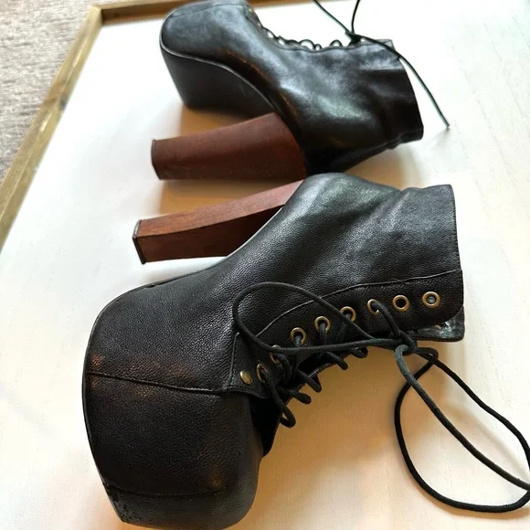 Jeffrey Campbell Black Leather Lace-Up Platform Ankle Boots with Wood Block Heel - Picture 10 of 12